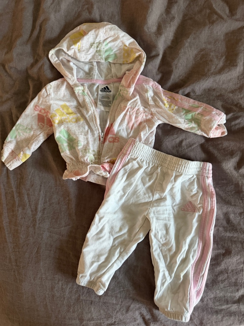 adidas Baby Hoodie & Pants Set in White with Pastel Pink, Yellow & Green Accents